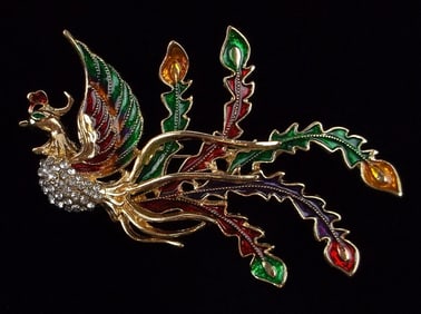 Mint Enameled Rhinestone Bird of Paradise Brooch
