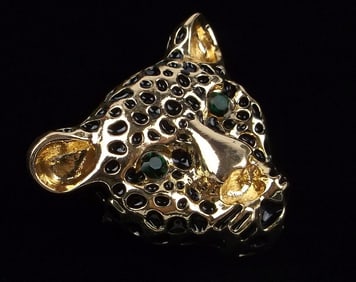 Mint Enameled Rhinestone Leopard Brooch