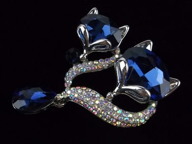 Mint Enameled Rhinestone Double Fox Brooch