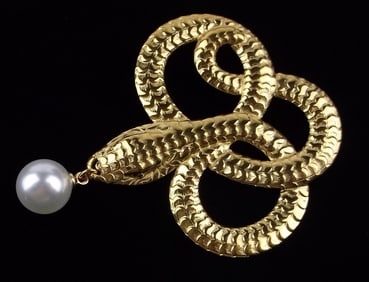 Mint Enameled Snake Faux Pearl Brooch