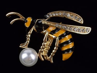 Mint Enameled Rhinestone Bee Hornet Insect Brooch