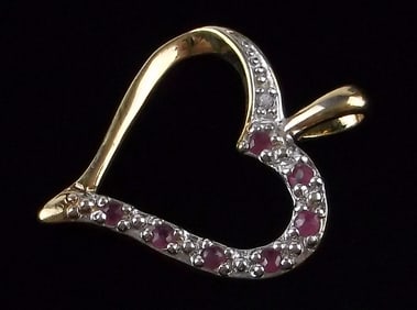 New Vint Gold Over Sterling Diamond Ruby Heart Pendant