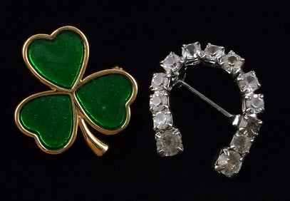 2 Mint Vint 1960s Shamrock Horseshoe Luck Brooch Lot