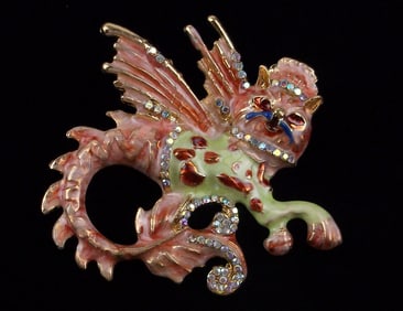 Mint Enameled Rhinestone Cat Dragon Xianli Senri Brooch