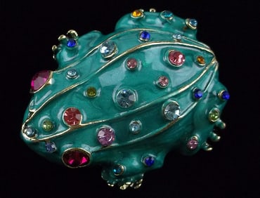 Big Mint Enameled Rhinestone Toad Frog Brooch Life Size