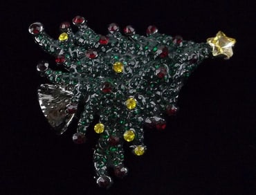 Mint Enameled Rhinestone Christmas Tree Brooch