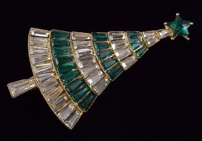 Mint Enameled Rhinestone Christmas Tree Brooch