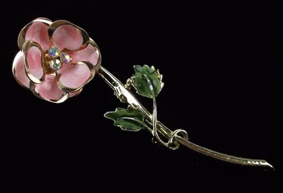 Stunning Vintage 1950s Enameled Rhinestone Flower Brooch