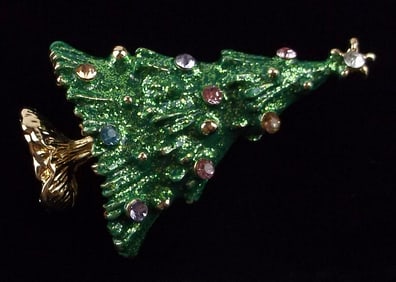 Mint Enameled Rhinestone Christmas Tree Brooch