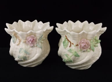 Mint Vint Belleek Irish Fine Porcelain Shamrock Vase Set Planter