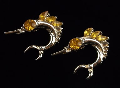 Mint Vintage 1950s Rhinestone Swordfish Brooch Set