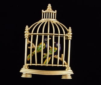 Big Mint Enameled Birds In A Cage Brooch