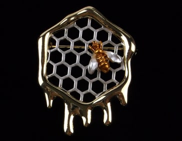 Mint Enameled Bee Honeycomb Beehive Brooch