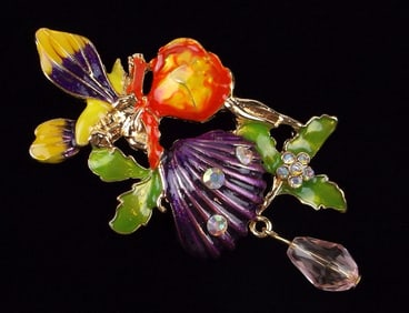 Mint Enameled Rhinestone Woodland Flower Fairy Brooch