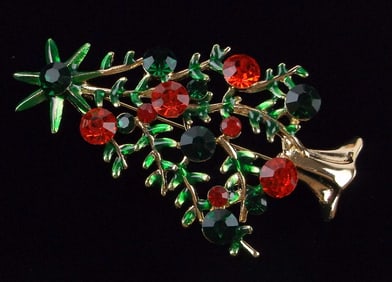 Mint Enameled Rhinestone Christmas Tree Brooch