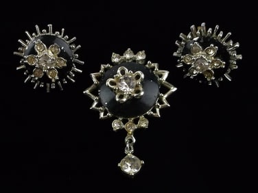 Mint Vintage 1950s Rhinestone Sun Brooch Earrings Set