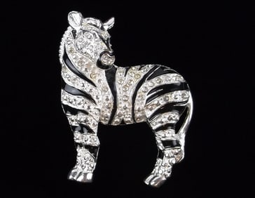 Mint Vintage Enameled Rhinestone Zebra Brooch
