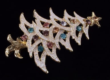 Mint Enameled Rhinestone Christmas Tree Brooch