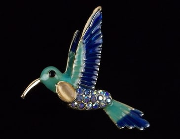 Mint Enameled Jelly Belly Rhinestone Hummingbird Brooch
