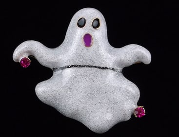 Mint Enameled Rhinestone Halloween Ghost Brooch