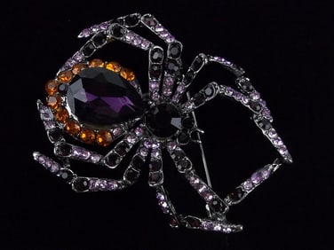 Mint Enameled Rhinestone Halloween Spider Brooch