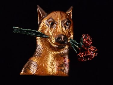Mint Enameled German Shepherd Rose Brooch