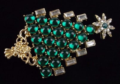 Mint Enameled Jelly Belly Rhinestone Christmas Tree Brooch