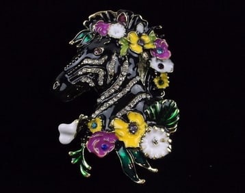 Mint Enameled Rhinestone Zebra Brooch
