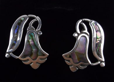 Mint 1950s Taxco Sterling Silver Abalone Flower Earrings MB Big