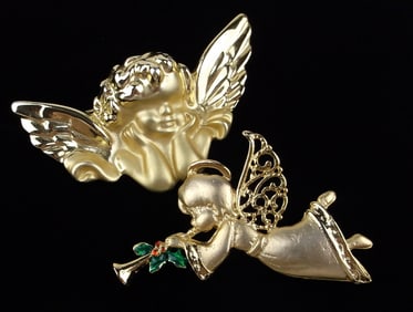 2 Mint Vintage Angel Christmas Brooch Lot
