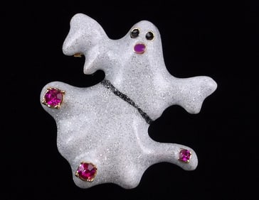 Mint Enameled Rhinestone Halloween Ghost Brooch