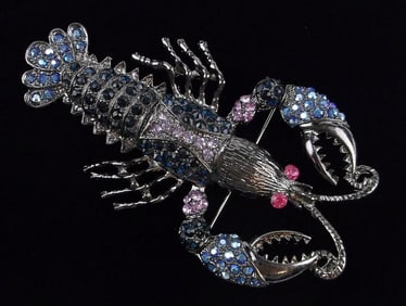Big Mint Enameled Rhinestone Lobster Brooch