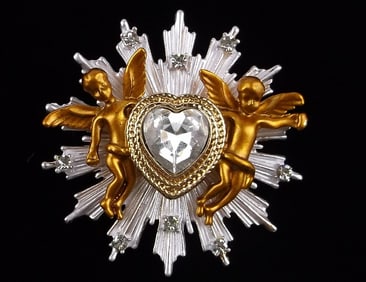 Mint Enameled Rhinestone Cherub Burst Brooch