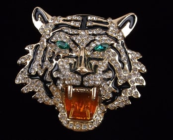 Big Mint Enameled Rhinestone Tiger Brooch