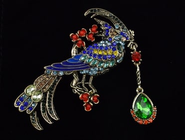 Big Mint Enameled Rhinestone Bird of Paradise Brooch