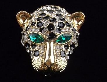 Mint Enameled Rhinestone Leopard Brooch
