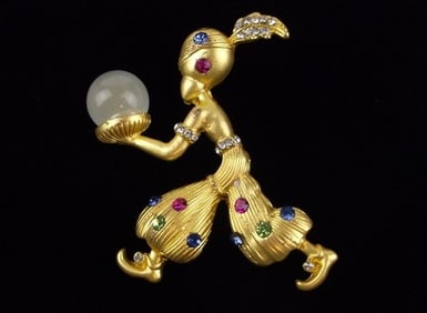 Mint Enameled Rhinestone Genie Crystal Ball Brooch
