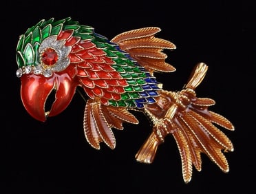 Mint Big Enameled Rhinestone Parrot Bird Brooch