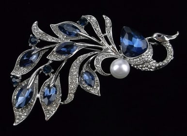 Mint Enameled Rhinestone Peacock Brooch