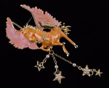 Big Mint Enameled Unicorn Pegasus Star Brooch