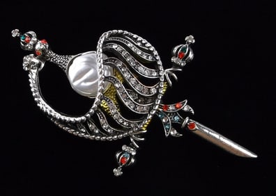 Mint Enameled Rhinestone Sword Brooch