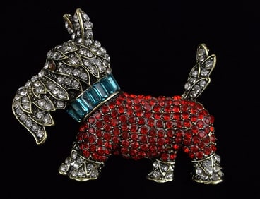 Mint Enameled Rhinestone Schnauzer Dog Brooch