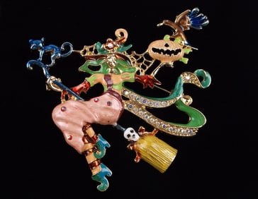 Big Mint Enameled Rhinestone Witch Halloween Brooch