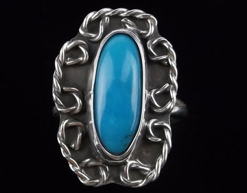 Mint 1960s Navajo Sterling Silver Turquoise Ring 7.5