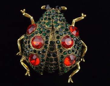Big Mint Enameled Rhinestone Ladybug Brooch