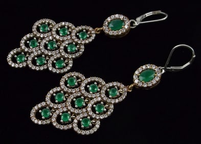Stunning Big Designer Gold Over Sterling Emerald Earrings