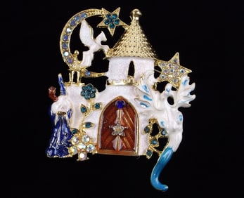 Mint Big Enameled Rhinestone Wizard Dragon Castle Brooch