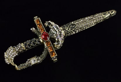 Big Mint Enameled Rhinestone Eagle Sword Brooch