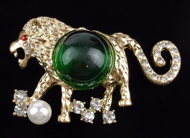 Big Mint Enameled Jelly Belly Rhinestone Lion Brooch