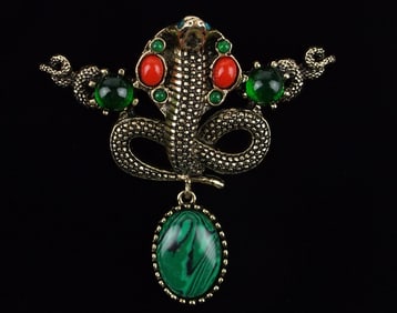 Big Mint Enameled Jelly Belly Rhinestone Cobra Snake Brooch